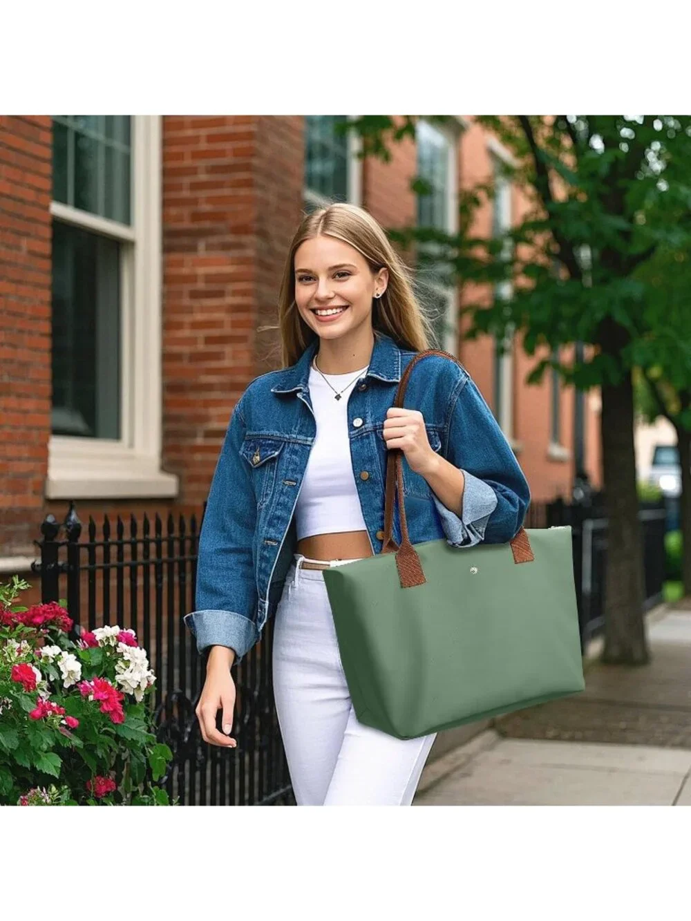 👜Women's Green Nylon Tote Bag Large Capacity Shoulder Hobo Handbag With Zipper